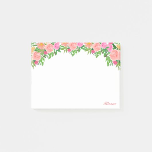 美しい水彩画のピンクの花とカリグラフィー ポストイット (正面)