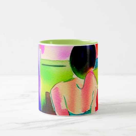 美しい水彩画の女性 ツートーンマグカップ (中央)
