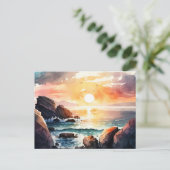 美しい水彩画の海の夕焼け風景 ポストカード (スタンド正面)