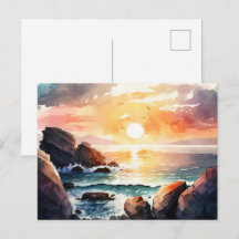 美しい水彩画の海の夕焼け風景