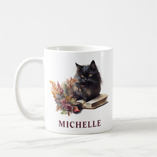 美しい水彩画の黒猫と花 コーヒーマグカップ (左)