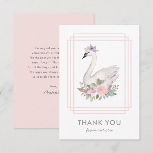 美しい水彩花冠のスワン姫の誕生日 サンキューカード (正面/裏面)