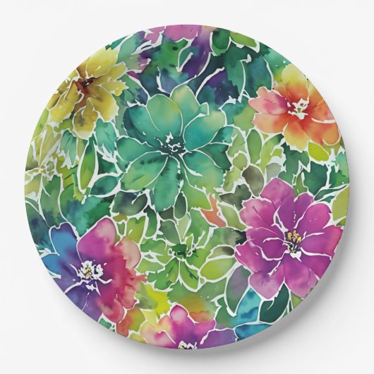 美しい水彩花模様 ペーパープレート (正面)