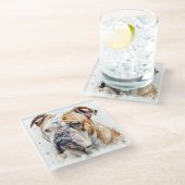 美しい水彩茶色の白ブルドッグ顔 ガラスコースター (アングル)