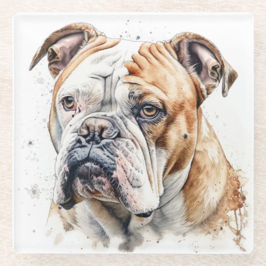 美しい水彩茶色の白ブルドッグ顔 ガラスコースター (正面)