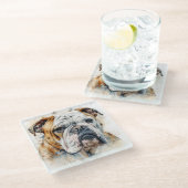 美しい水彩茶色の白ブルドッグ顔 ガラスコースター (アングル)