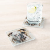 美しい水彩茶色の白ブルドッグ顔 ガラスコースター (アングル)