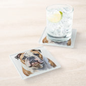 美しい水彩茶色の白ブルドッグ顔 ガラスコースター (アングル)