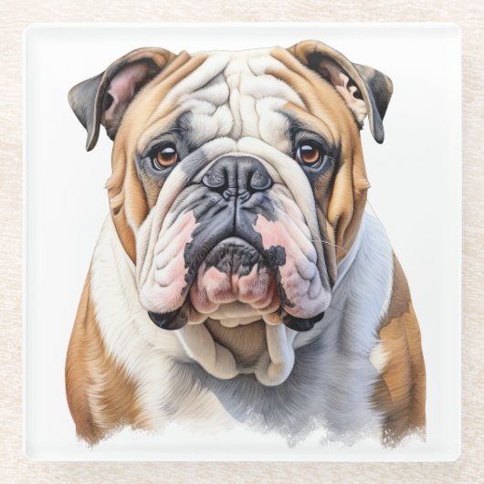 美しい水彩茶色の白ブルドッグ顔 ガラスコースター (正面)