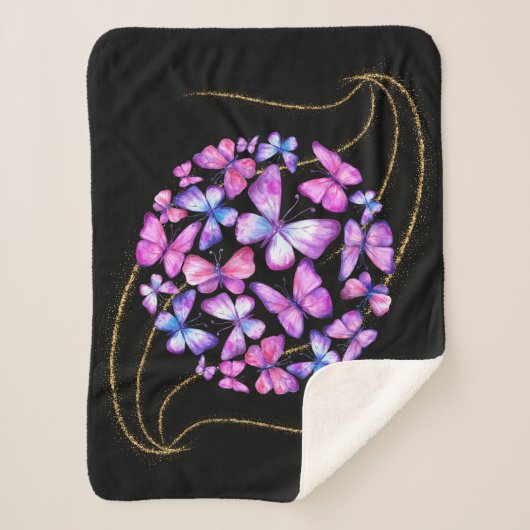 美しい水彩蝶と金ゴールド きらきら光る シェルパブランケット (正面)