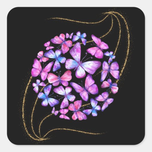 美しい水彩蝶と金ゴールド きらきら光る スクエアシール (正面)