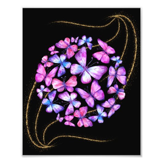美しい水彩蝶と金ゴールド きらきら光る フォトプリント            (正面)