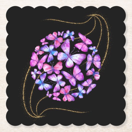 美しい水彩蝶と金ゴールド きらきら光る ペーパーコースター (正面)