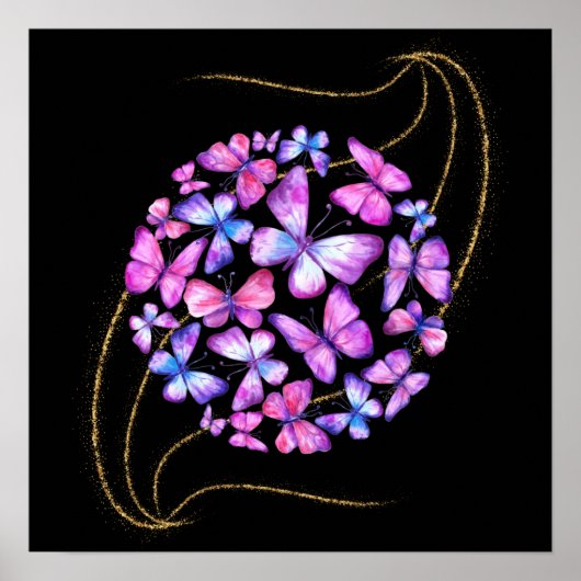 美しい水彩蝶と金ゴールド きらきら光る ポスター (正面)