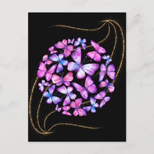 美しい水彩蝶と金ゴールド きらきら光る ポストカード (正面)