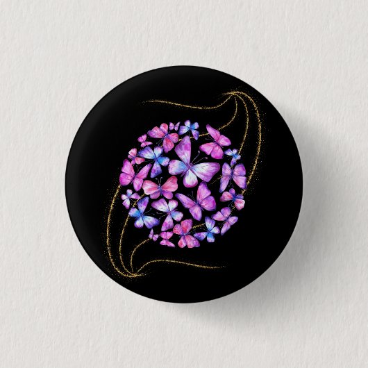 美しい水彩蝶と金ゴールド きらきら光る 缶バッジ (正面)