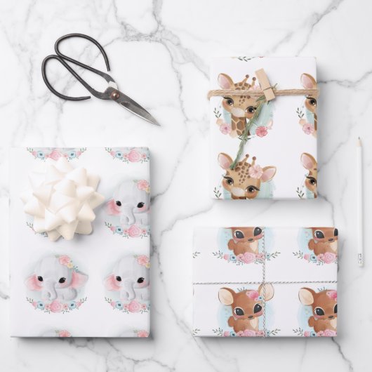 美しい水彩赤ちゃん動物シームレスフローラ ラッピングペーパーシート (正面)