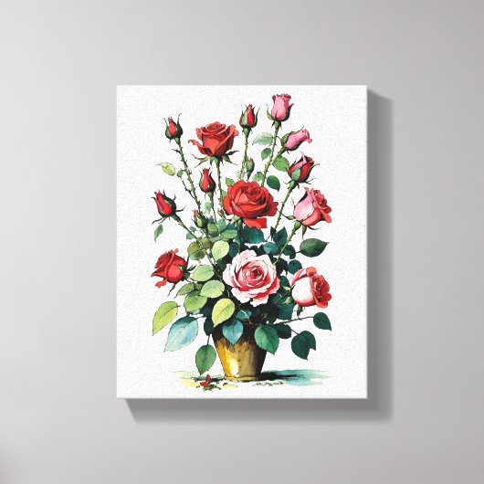 美しい水彩赤とピンクのバラ キャンバスプリント (正面)