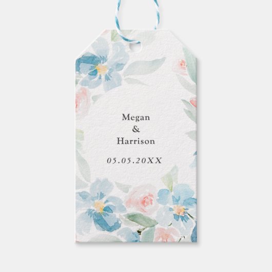 美しい水彩赤面バラと青い花 ギフトタグ (正面)