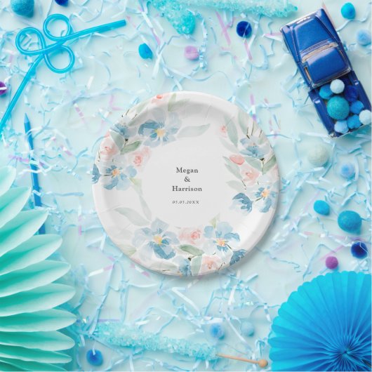 美しい水彩赤面バラと青い花 ペーパープレート (パーティー)