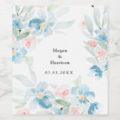 美しい水彩赤面バラと青い花 ワインラベル (シングルラベル)