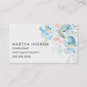 美しい水彩赤面バラと青い花 名刺