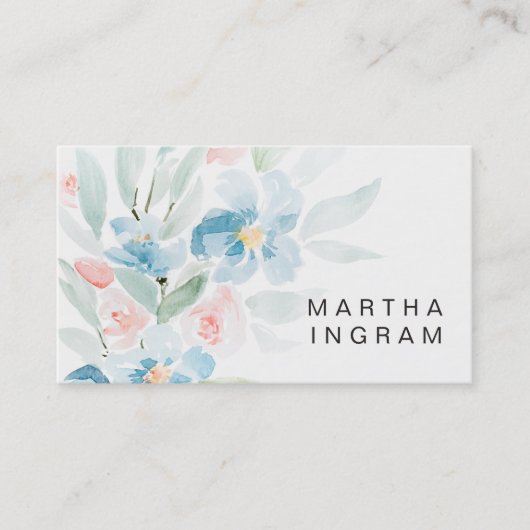 美しい水彩赤面バラと青い花 名刺 (正面)