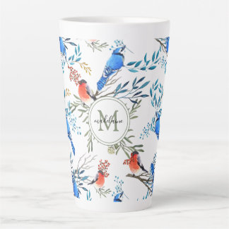 美しい水彩鳥と葉のパターン カフェラテマグ