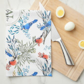 美しい水彩鳥と葉のパターン キッチンタオル (四つ折り)
