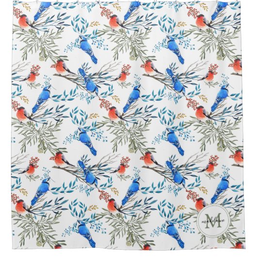 美しい水彩鳥と葉のパターン シャワーカーテン (正面)