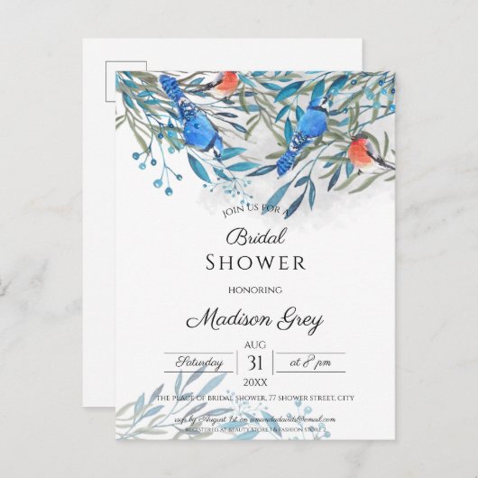美しい水彩鳥と葉のブライダルシャワー インビテーションポストカード (正面/裏面)
