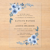 美しい水色のほこりっぽい青いフローラ結婚 アクリル招待状 (正面)