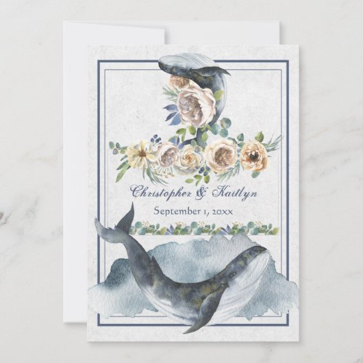 美しい水色のクジラと花結婚の 招待状 (正面)
