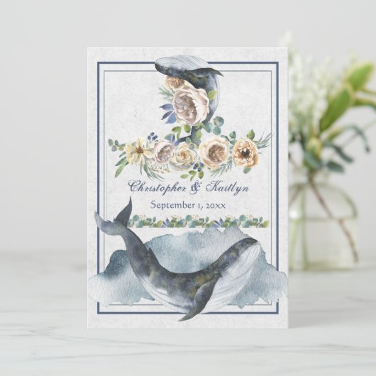 美しい水色のクジラと花結婚の 招待状 (スタンド正面)