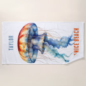 美しい水色のクラゲパーソナライズされた。 ビーチタオル (正面)