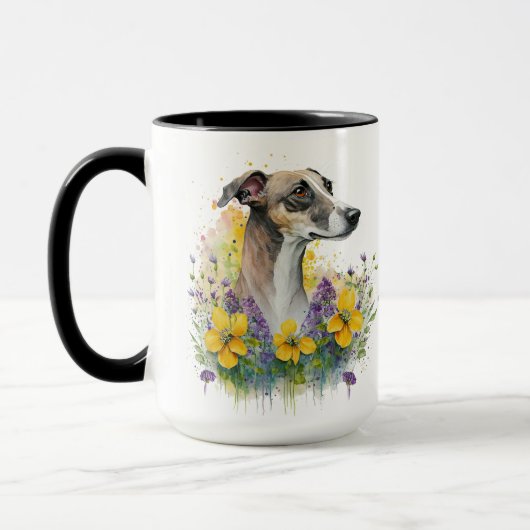 美しい水色のグレイハウンドの花を持つ犬 マグカップ (左)