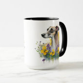 美しい水色のグレイハウンドの花を持つ犬 マグカップ (正面右)