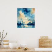 美しい水色のスタイル青、鳥の飛んでいるacro ポスター (キッチン)