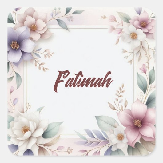 美しい水色のフローラ植物名 スクエアシール (正面)