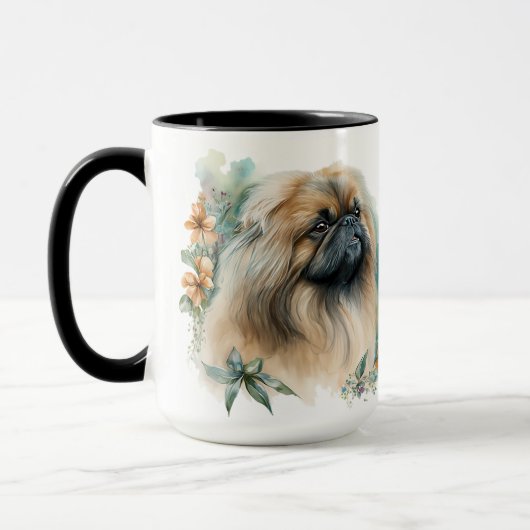 美しい水色のペキンガチョウ犬と花 マグカップ (左)