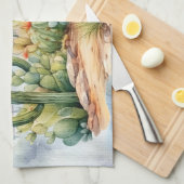 美しい水色の砂漠のサボテンの風景 キッチンタオル (四つ折り)