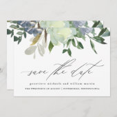 美しい水色の花と緑結婚の セーブザデート (正面/裏面)