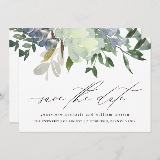 美しい水色の花と緑結婚の セーブザデート (正面/裏面)