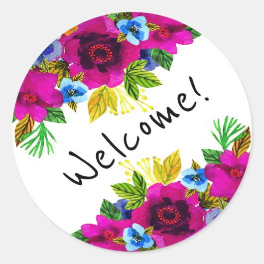 美しい水色の花フローラデザイン緑l ラウンドシール (正面)