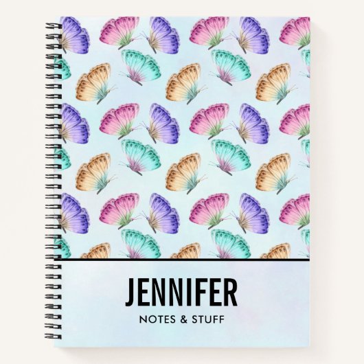 美しい水色の蝶パターン ノートブック (正面)