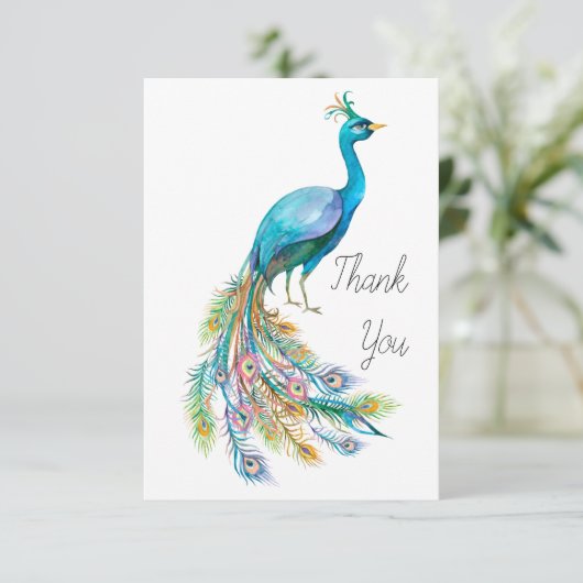 美しい水色の青い孔雀イラストレーション サンキューカード (スタンド正面)