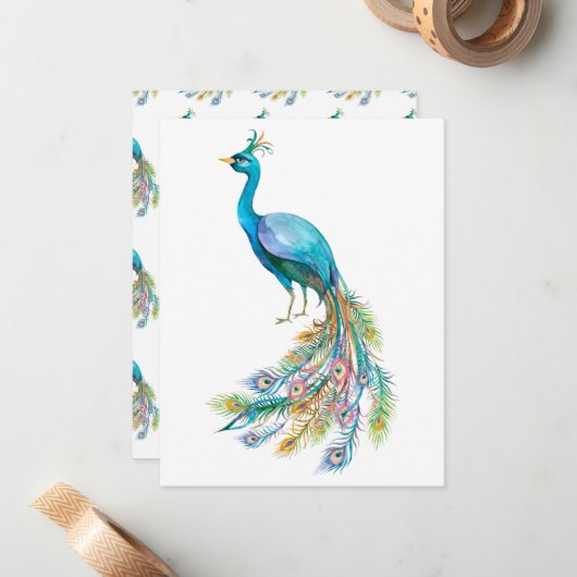 美しい水色の青い孔雀イラストレーション ノートカード (正面/裏面インサイチュ)