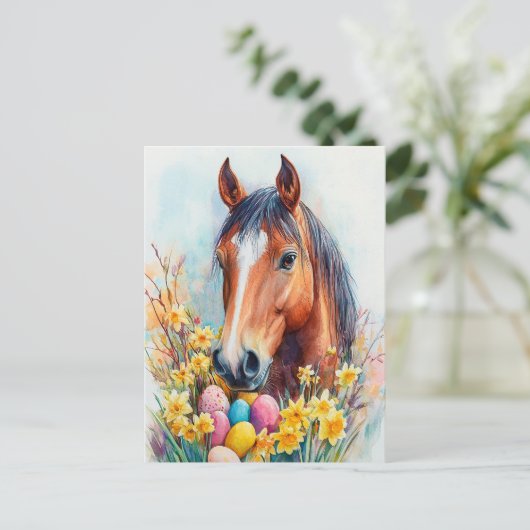 美しい水色の馬の復活祭の願い シーズンポストカード (スタンド正面)
