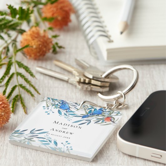 美しい水色の鳥と葉ありがとう キーホルダー (正面右)