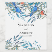 美しい水色の鳥と葉結婚の ワインラベル (シングルラベル)